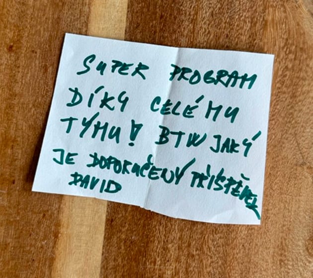 Ručně psaný listeček od účastníka Sklizně